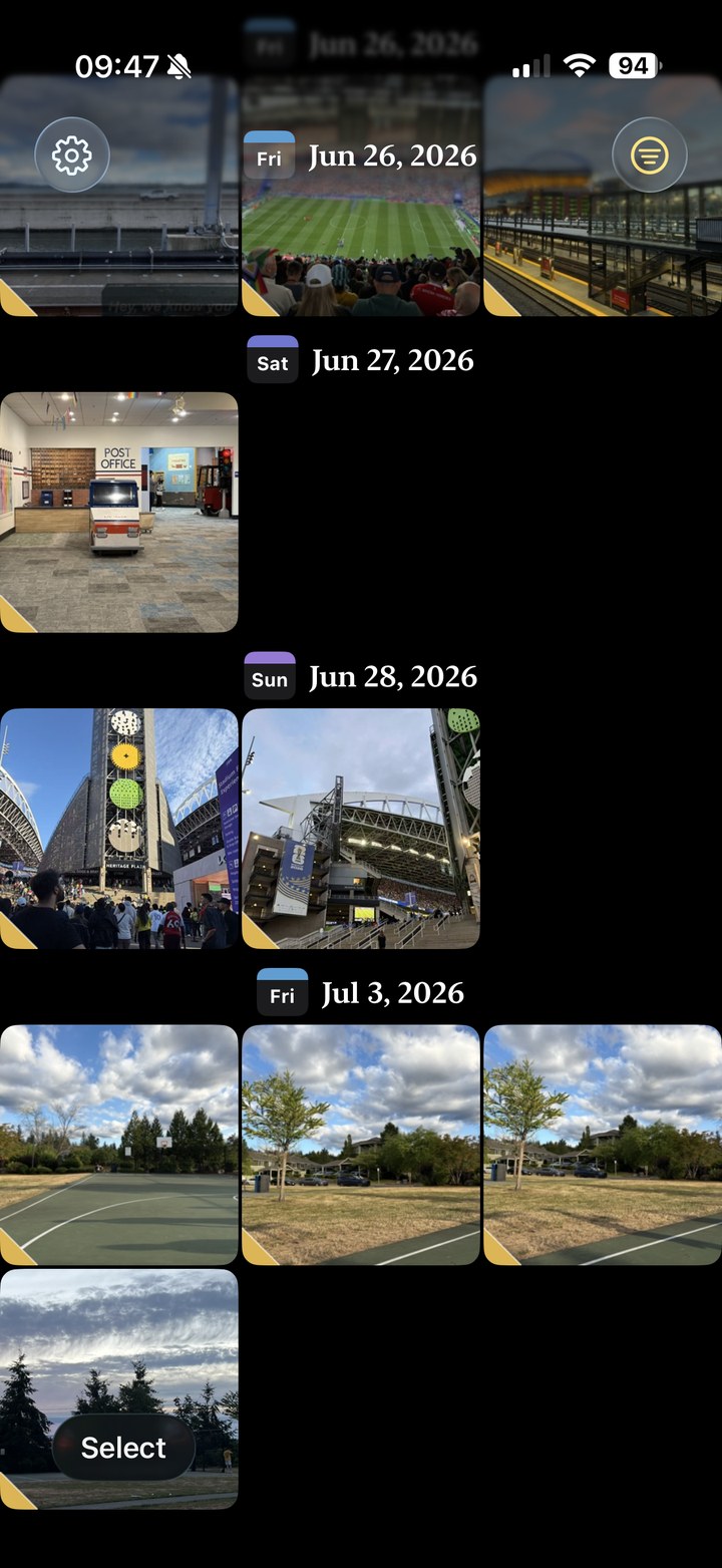 The Latent Photos grid — your whole library, with already-reviewed photos quietly marked