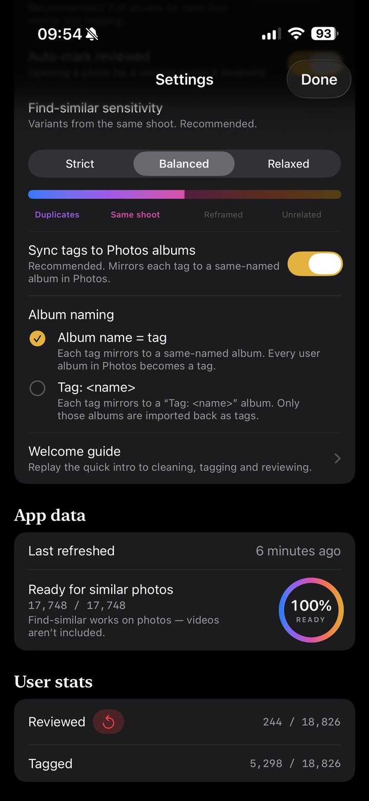 Latent Photos settings — on-device options, sync and stats